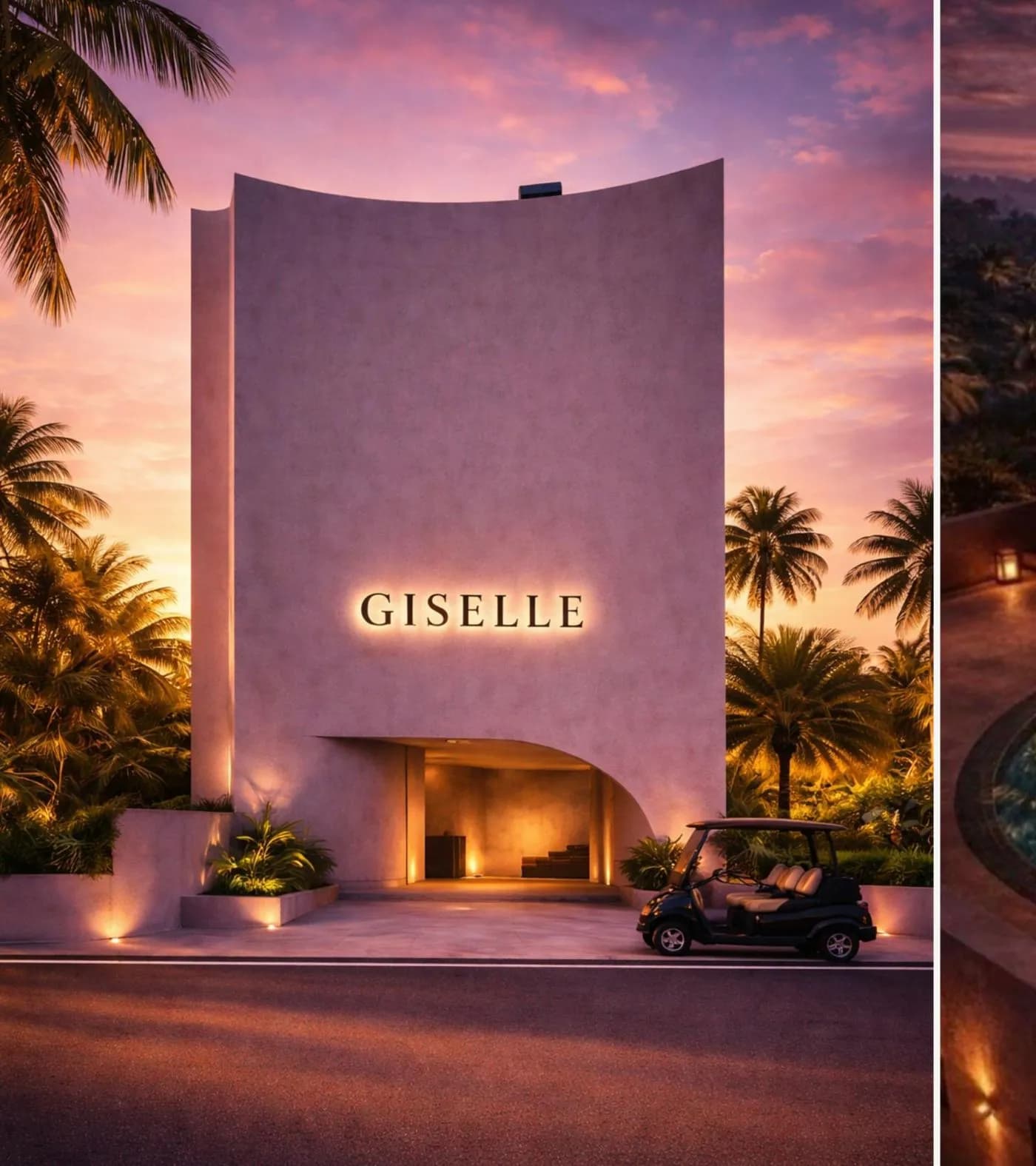 Giselle — sculptural entrance tower at sunset, Seseh Bali