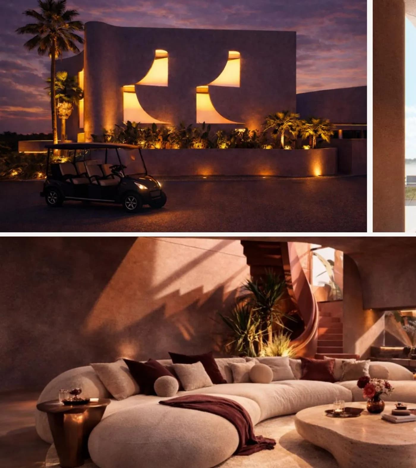 Giselle — sculptural curved facade at dusk with palms, Seseh Bali