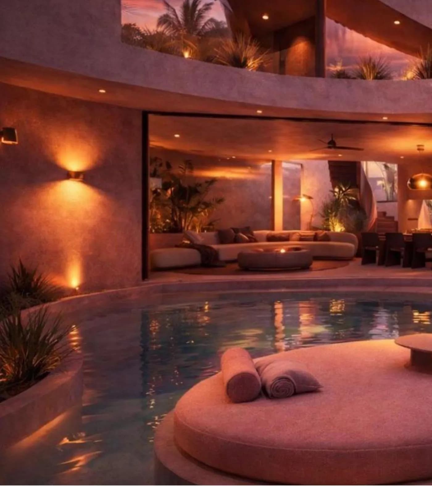 Giselle — open-plan living lounge with curved sofa, Seseh Bali