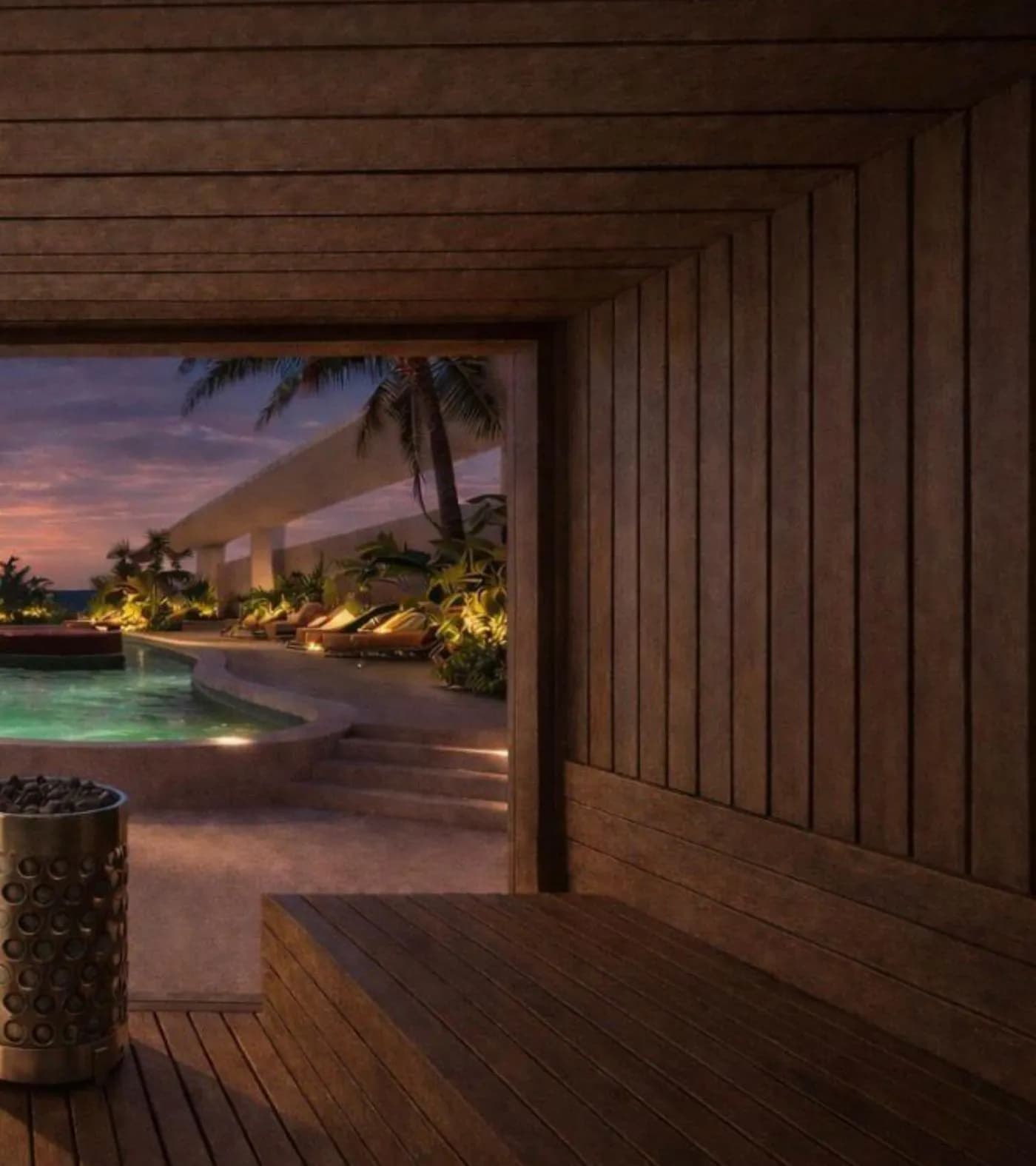Giselle — sunken pool courtyard with round daybed at twilight, Seseh Bali