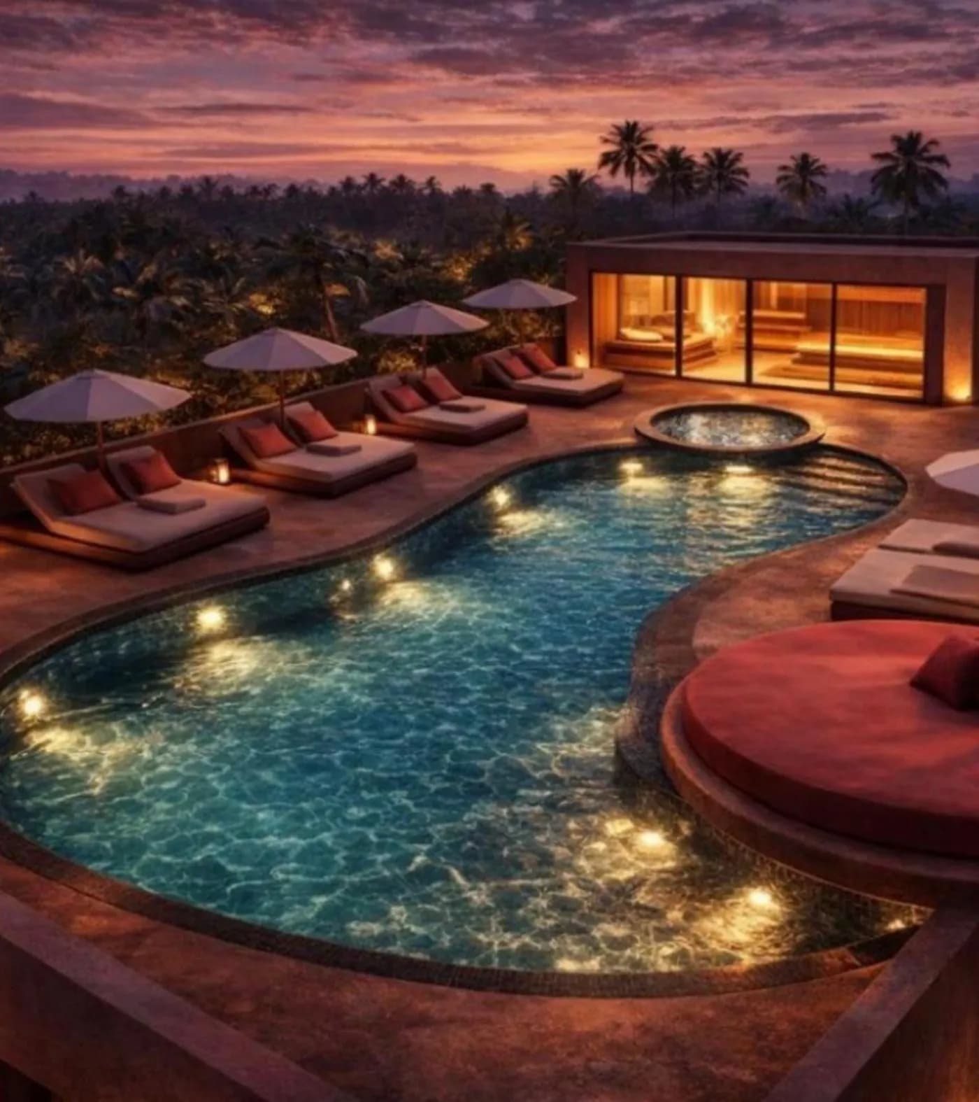 Giselle — rooftop wellness pool with daybeds at dusk, Seseh Bali