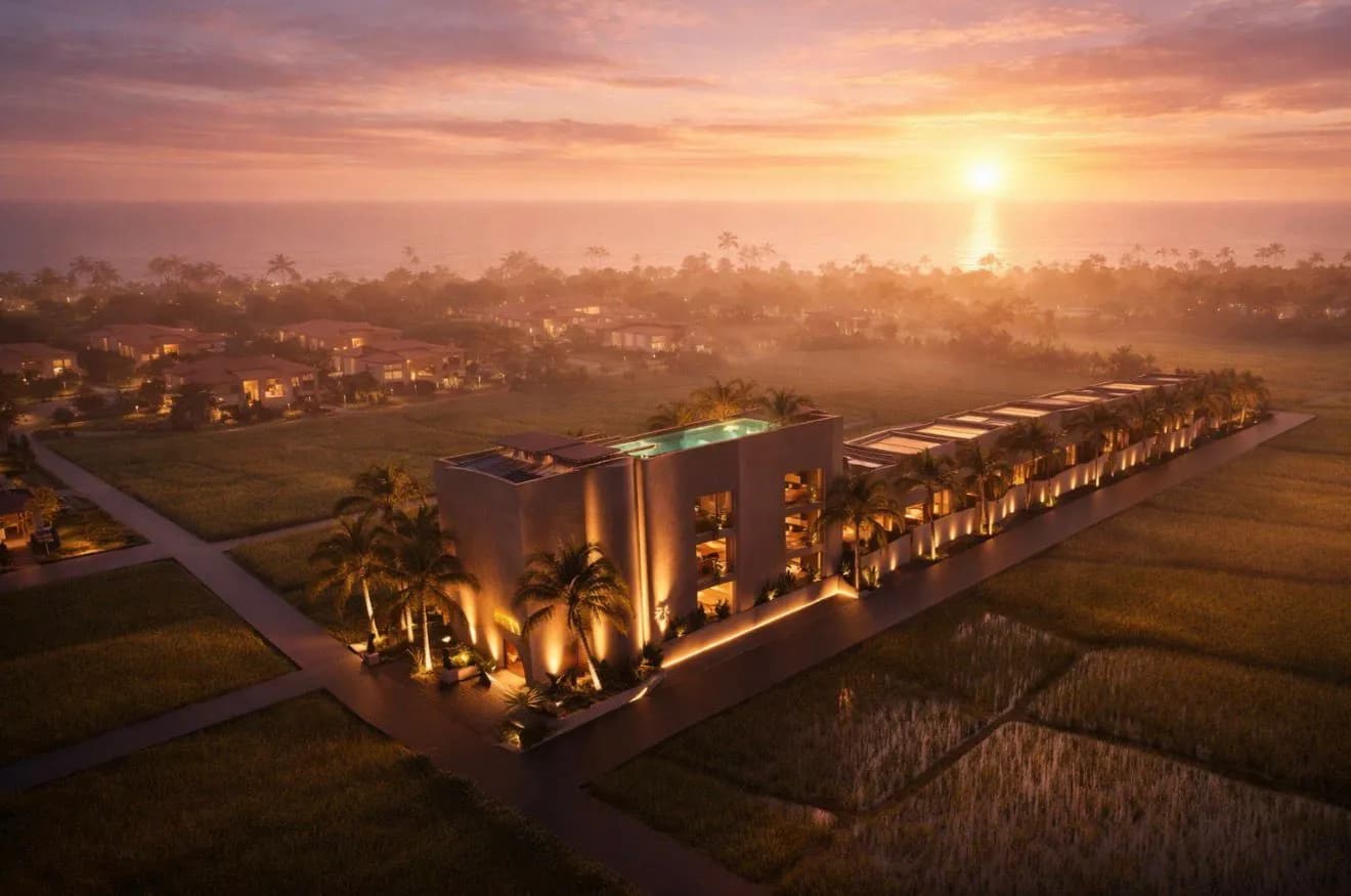 Giselle — aerial view at sunset over rice fields to the ocean, Seseh Bali